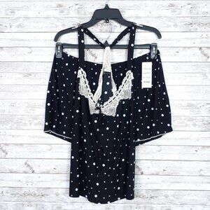 Dentelle Womens Cami Short Pajama Set XL Black Ivory Dot Lace 217